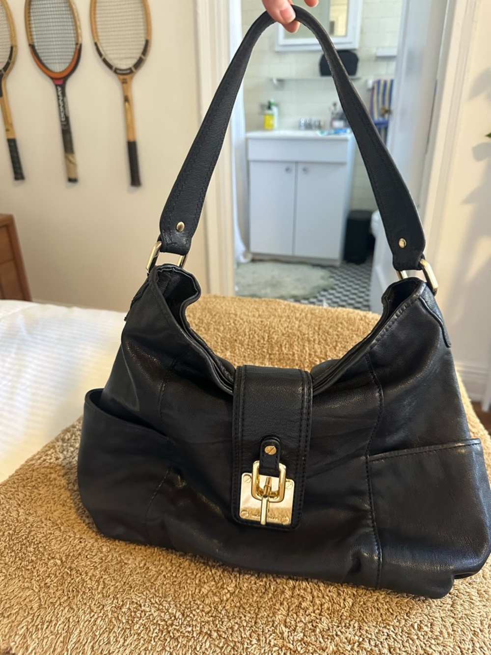 Michael Kors Black Leather Shoulder Bag with Gold-Tone Lock